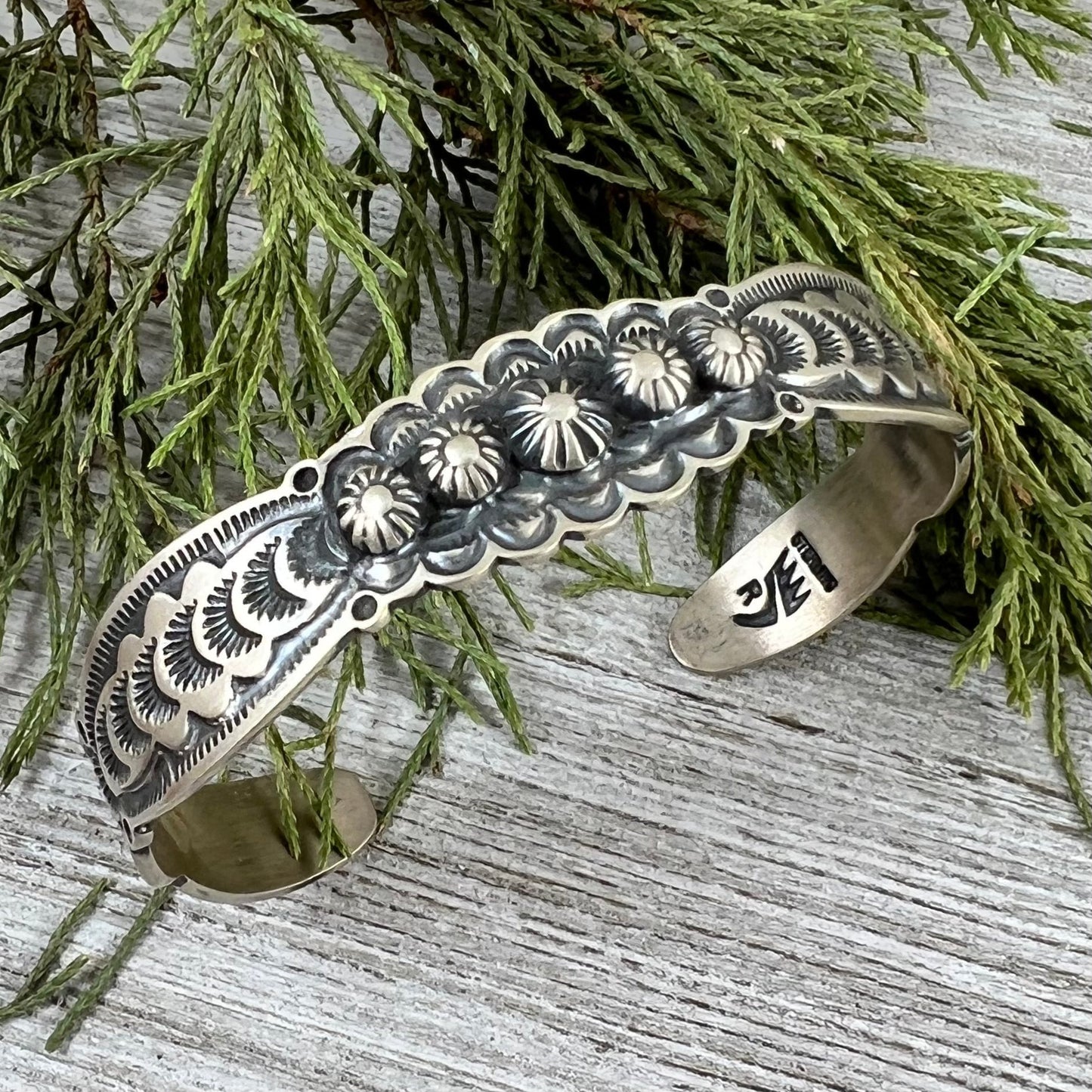 6 1/2" Sterling Silver Hand Stamped Cuff Bracelet, Benny Ramone, Old Style Navajo Buttons, Stars, concho