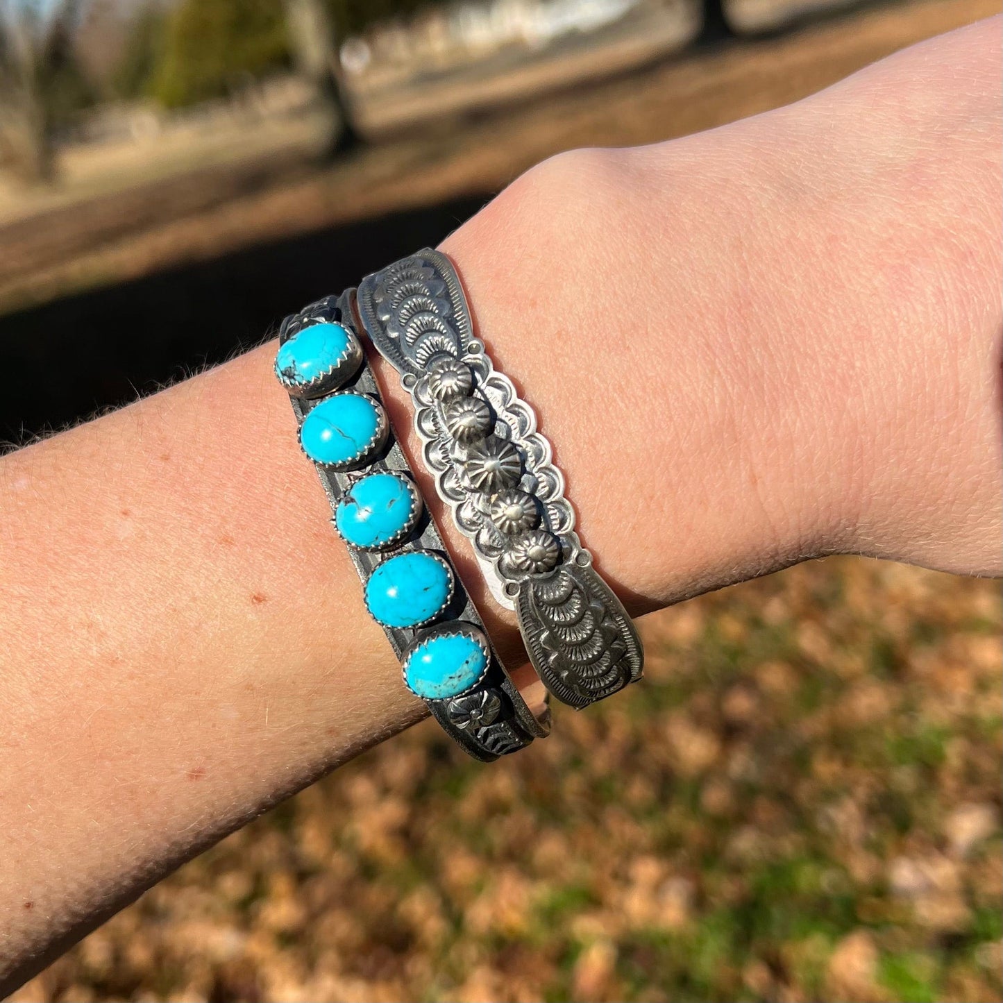 6 1/2" Sterling Silver Hand Stamped Cuff Bracelet, Benny Ramone, Old Style Navajo Buttons, Stars, concho