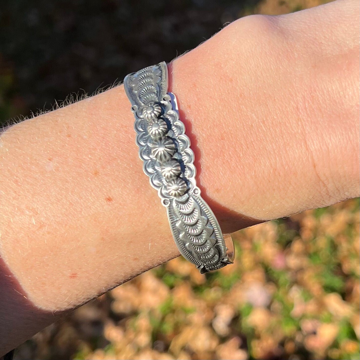 6 1/2" Sterling Silver Hand Stamped Cuff Bracelet, Benny Ramone, Old Style Navajo Buttons, Stars, concho