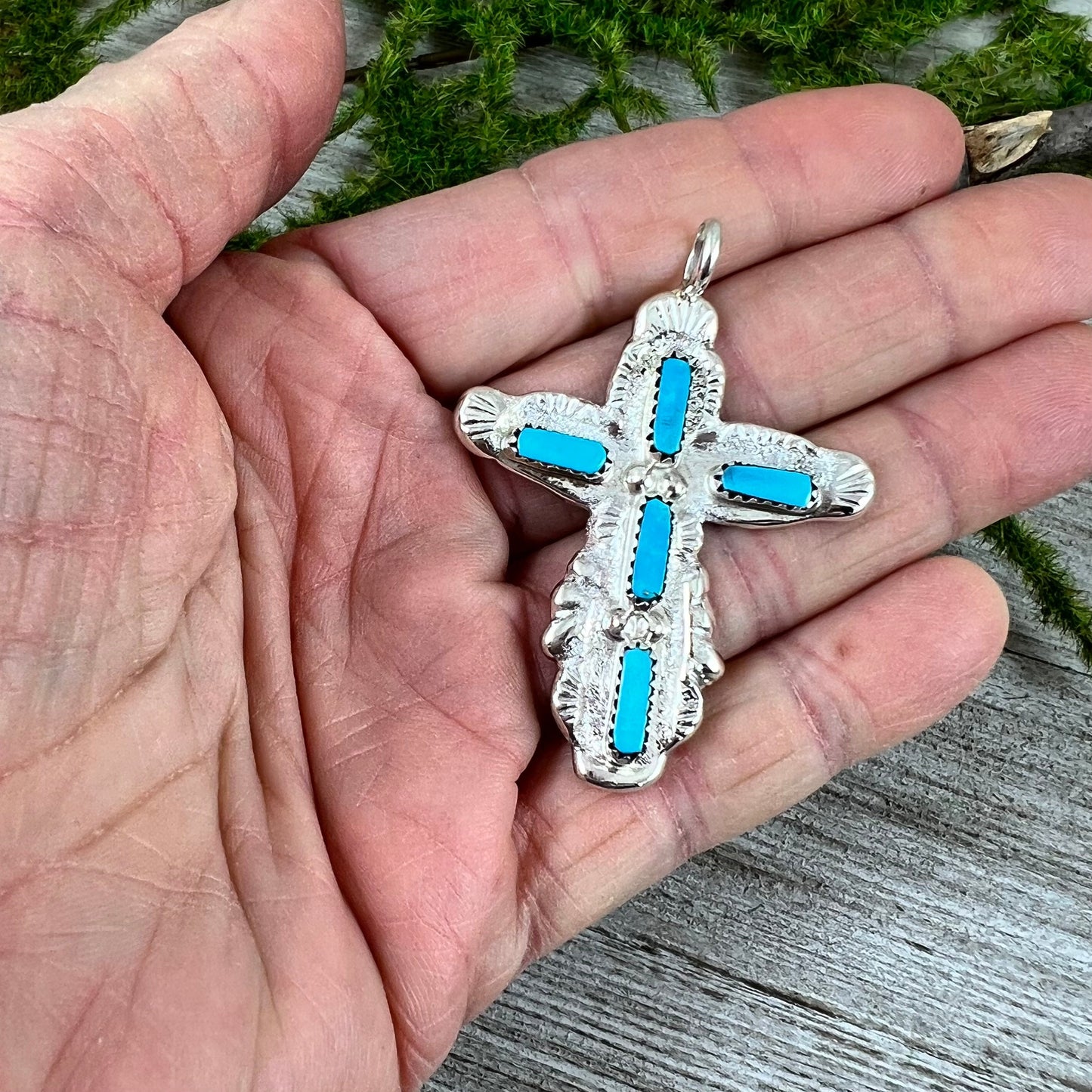 Turquoise Zuni Fat Cross Pendant, Handmade by Zuni artist, Cecelia Iule, signed, sterling