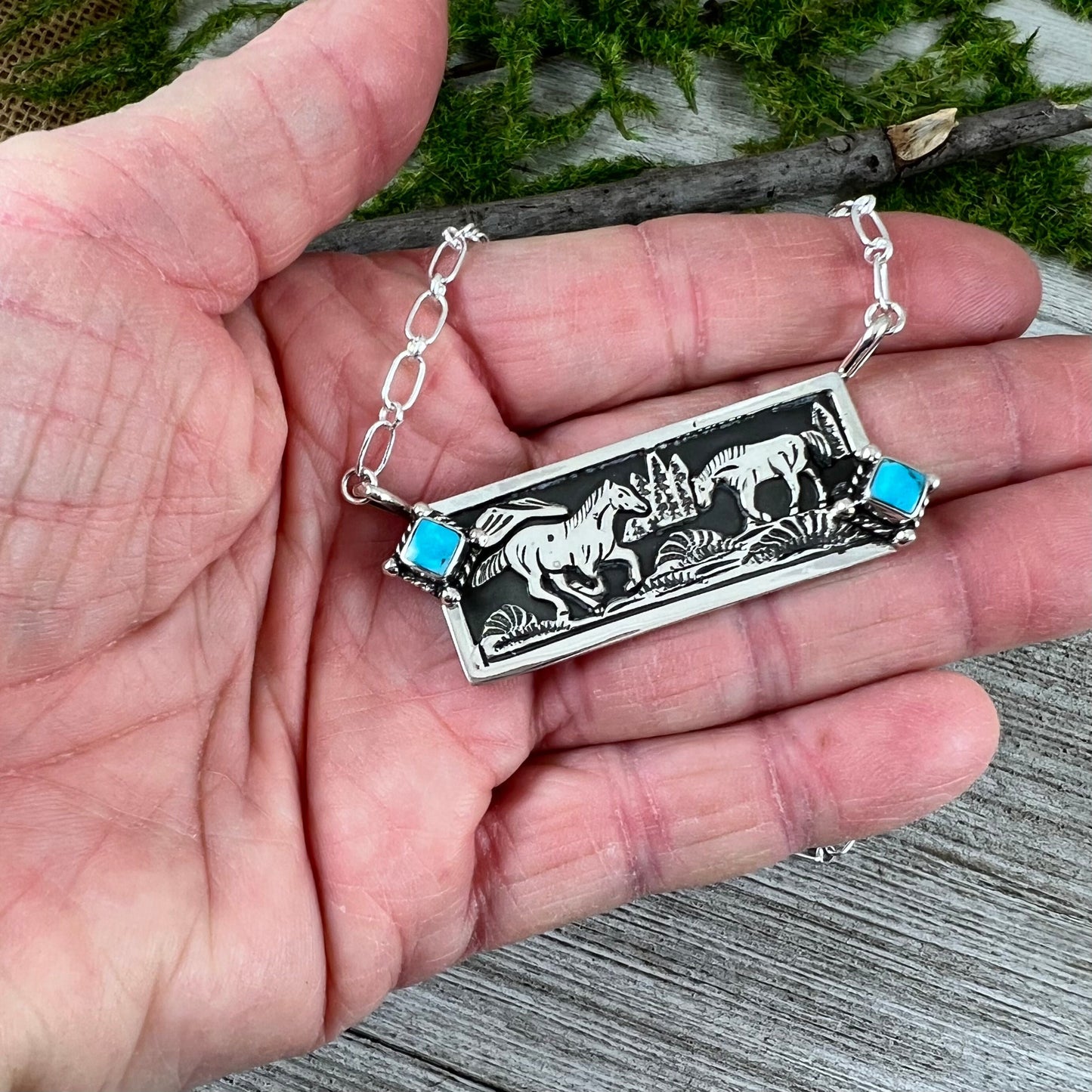 Sterling Silver Horse Design Bar Necklace, Sleeping Beauty Turquoise, Handmade by Navajo artist, Jeremy Delgarito, signed