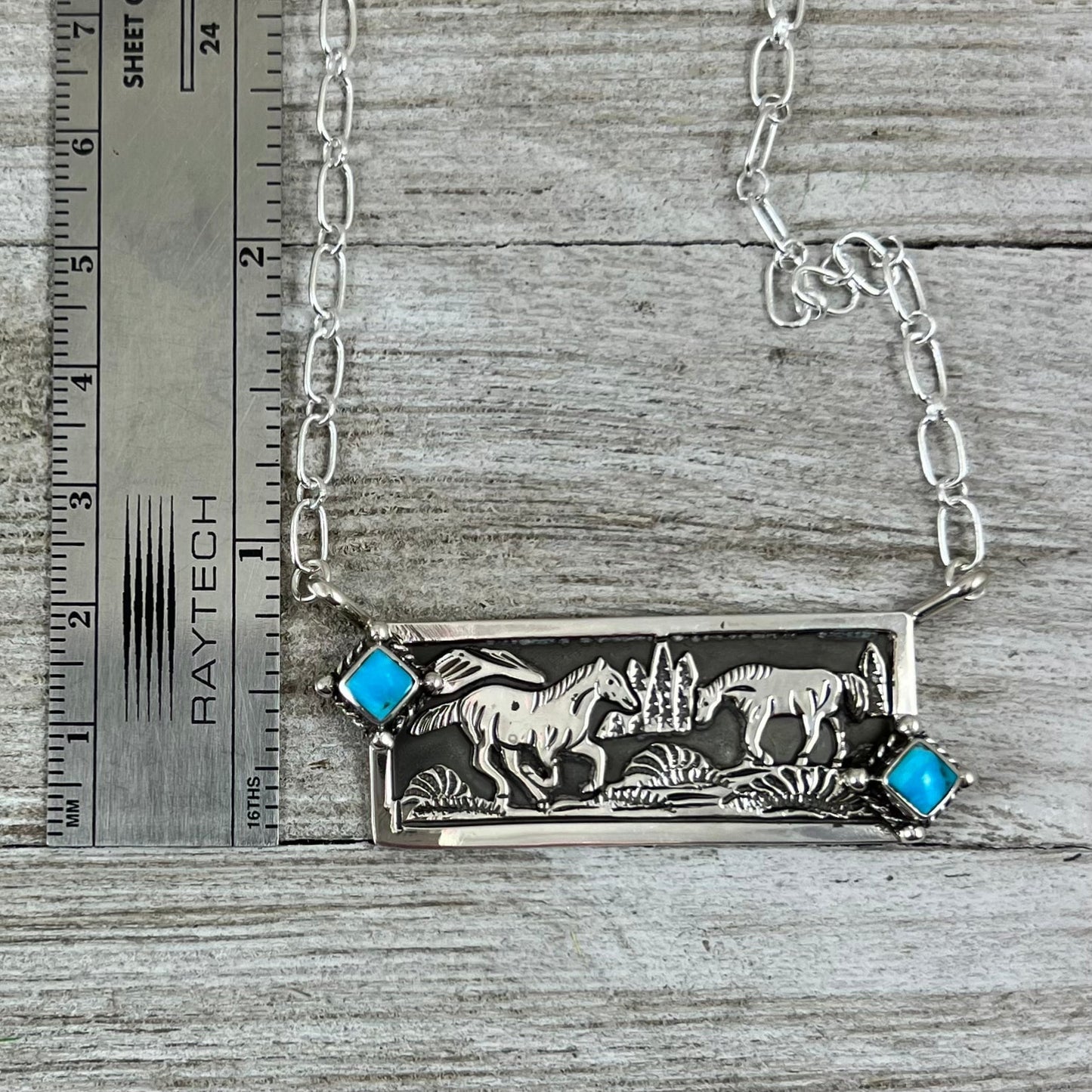 Sterling Silver Horse Design Bar Necklace, Sleeping Beauty Turquoise, Handmade by Navajo artist, Jeremy Delgarito, signed