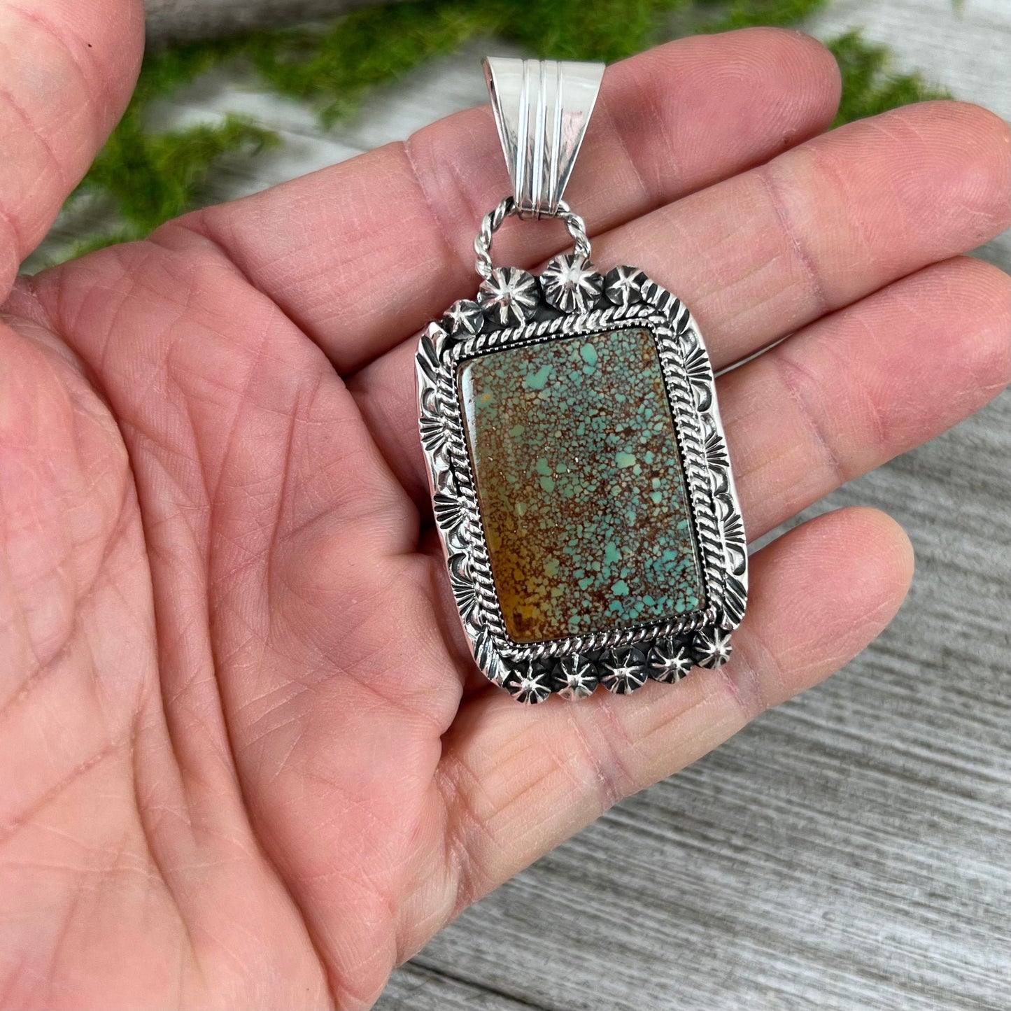 Unique Nevada Spiderweb Turquoise Pendant by Navajo artist, Clarence Long, signed, sterling silver