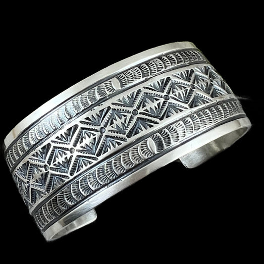 7 1/8" Hand Stamped Sterling Silver Wide Cuff Bracelet #1, Leonard Maloney, Navajo Artist signed