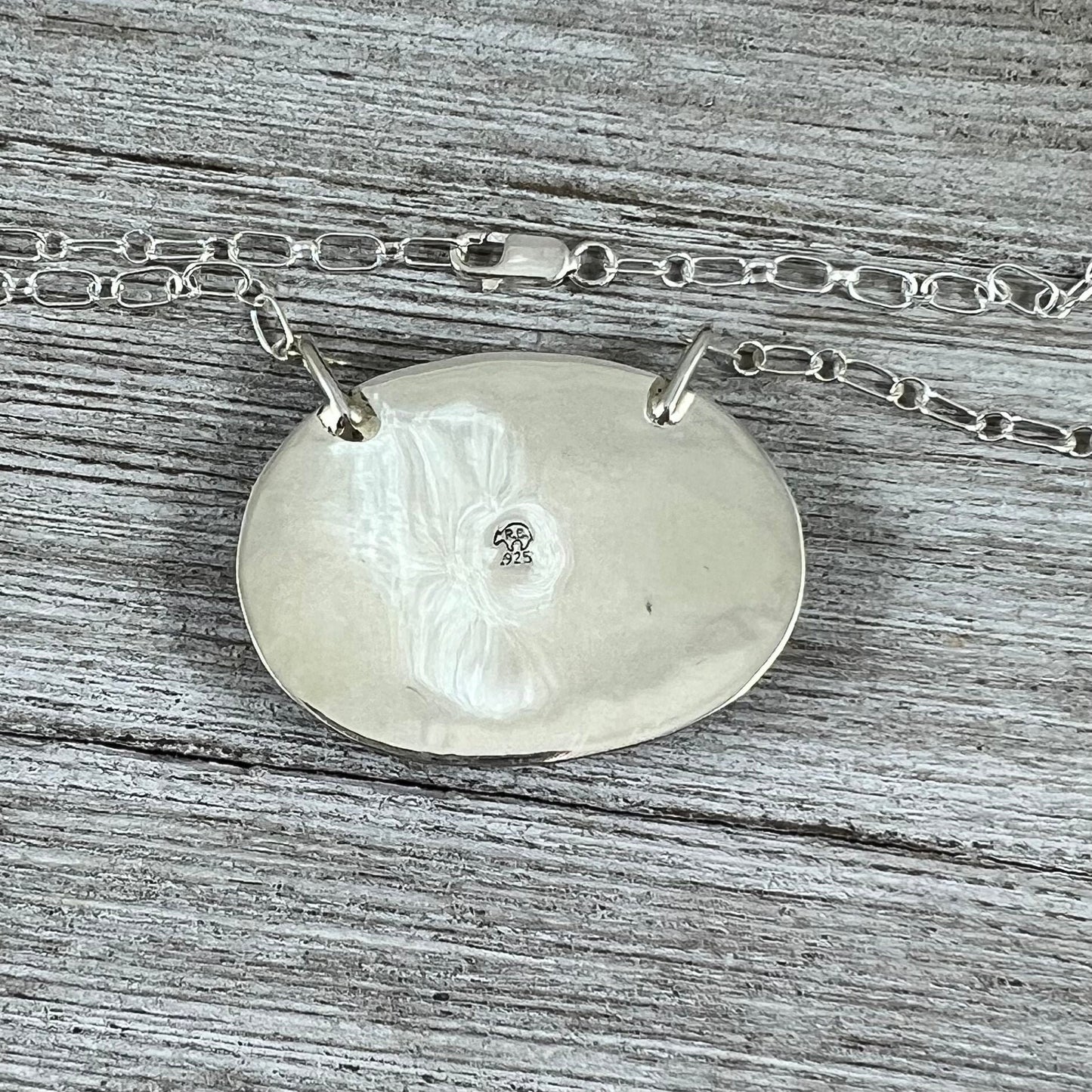 Kingman Turquoise oval Fixed pendant necklace, 17 1/2" long, Navajo handmade, sterling silver choker