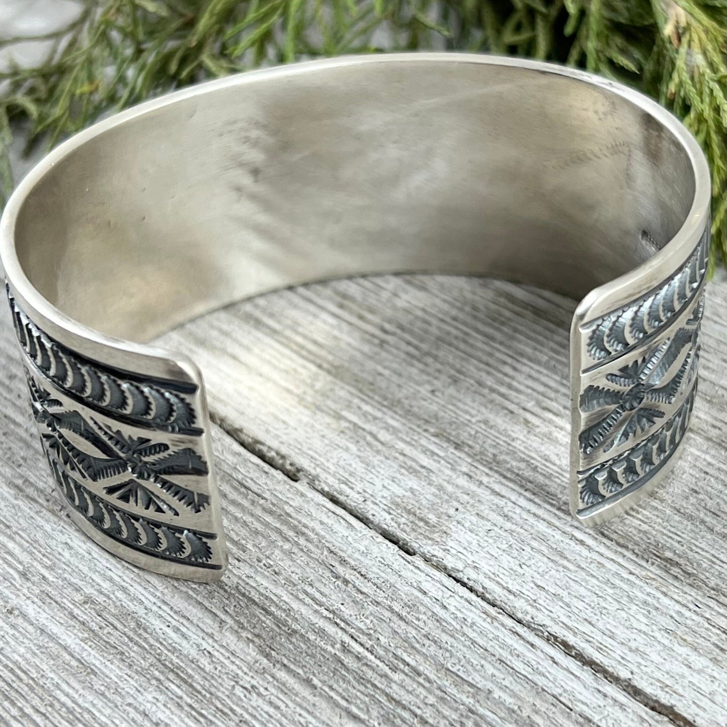 7 1/8" Hand Stamped Sterling Silver WidenCuff Bracelet #3, Leonard Maloney, Navajo Artist