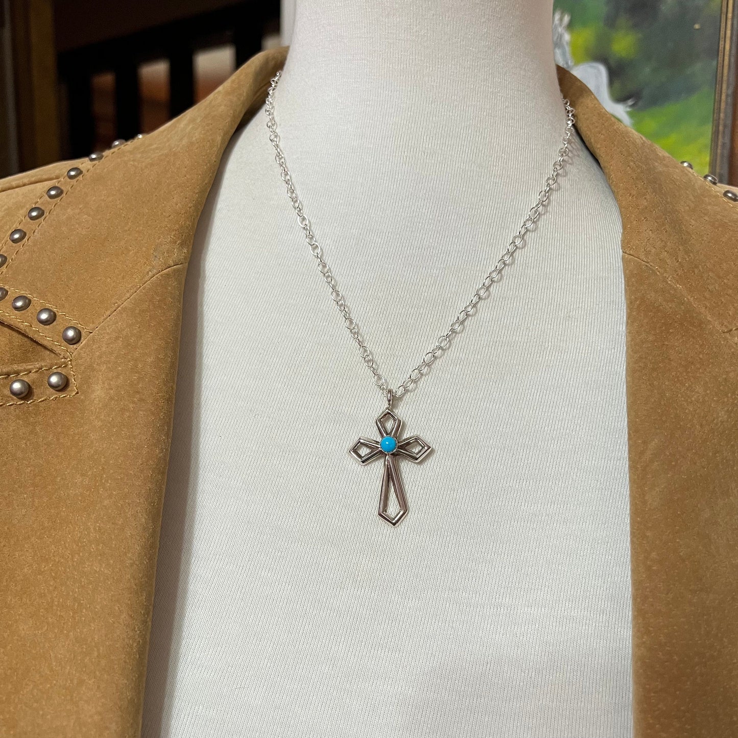 Turquoise 18" Cross Necklace, Sterling silver, Navajo handmade by Vanessa Kee, Signed, Pendant