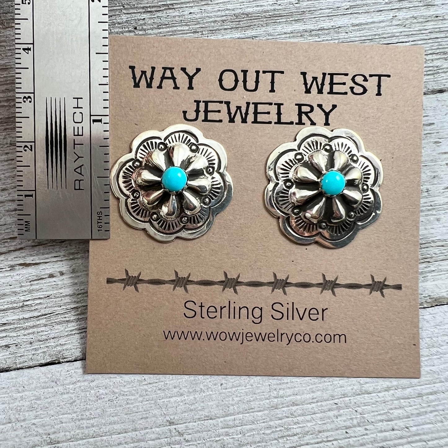 Stamped Concho Stud Earrings with turquoise, Navajo handmade Jennie Blackgoat,