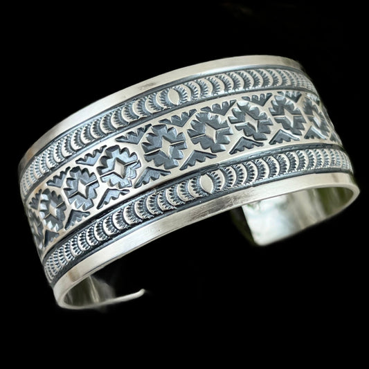 7 1/8" Hand Stamped Sterling Silver Wide Cuff Bracelet #5, Leonard Maloney, Navajo Artist