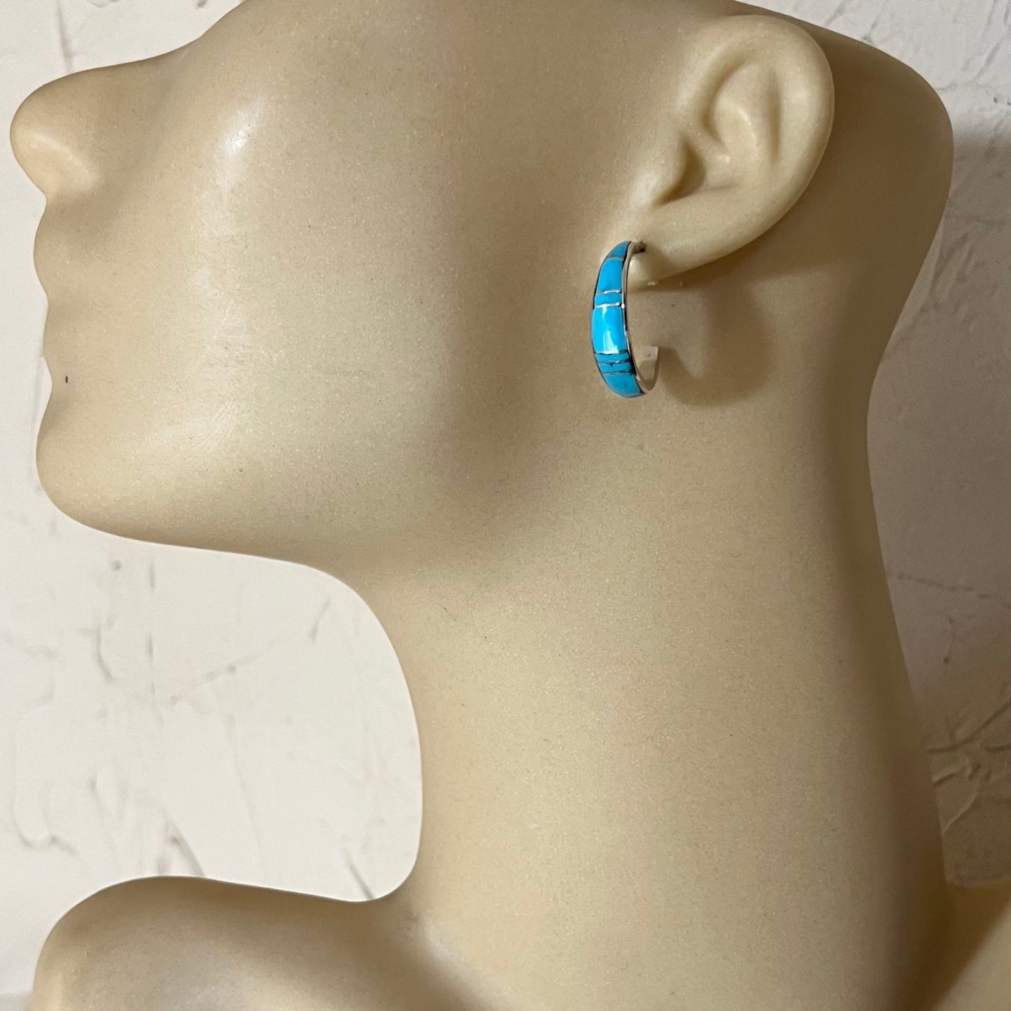 Narrow Turquoise Hoop Inlay Earrings, Zuni artist, Phil Chavez, Sterling Silver Skinny Hoops