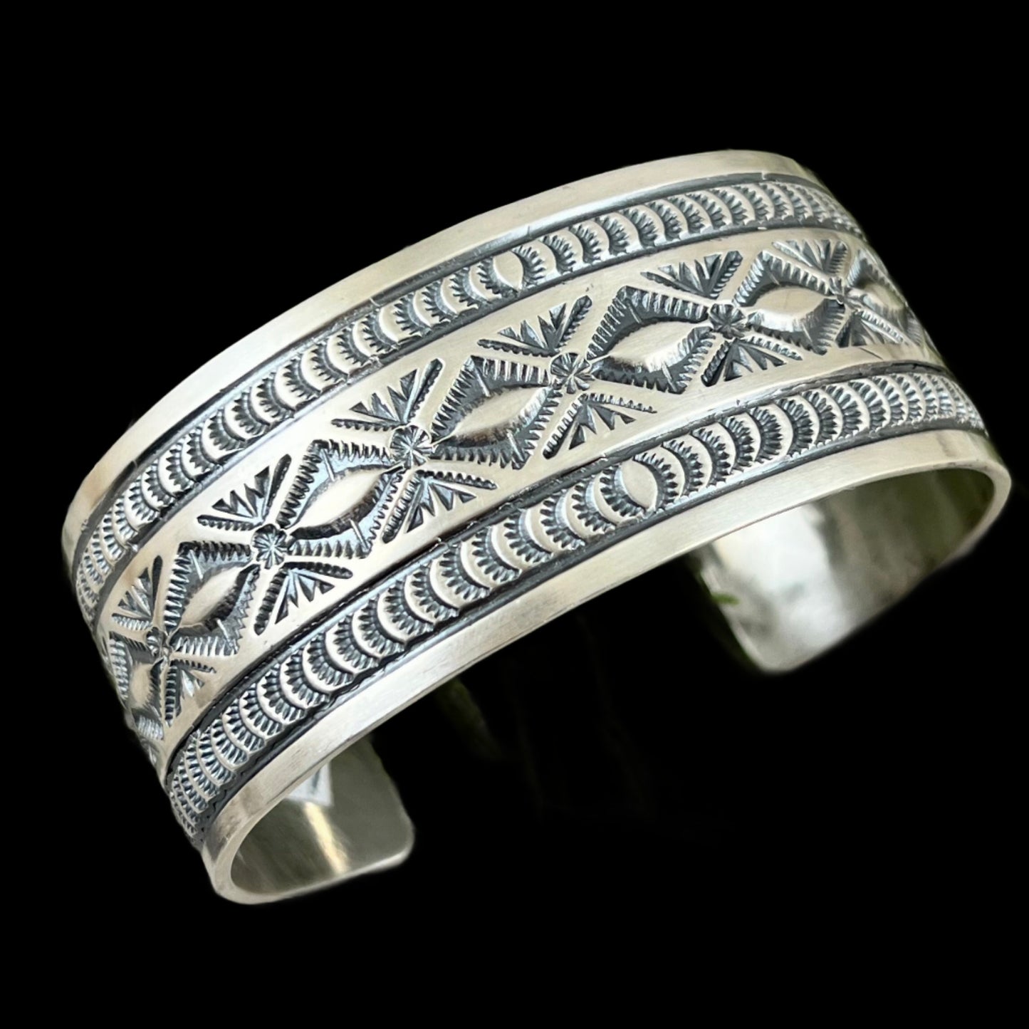 7 1/8" Hand Stamped Sterling Silver WidenCuff Bracelet #3, Leonard Maloney, Navajo Artist