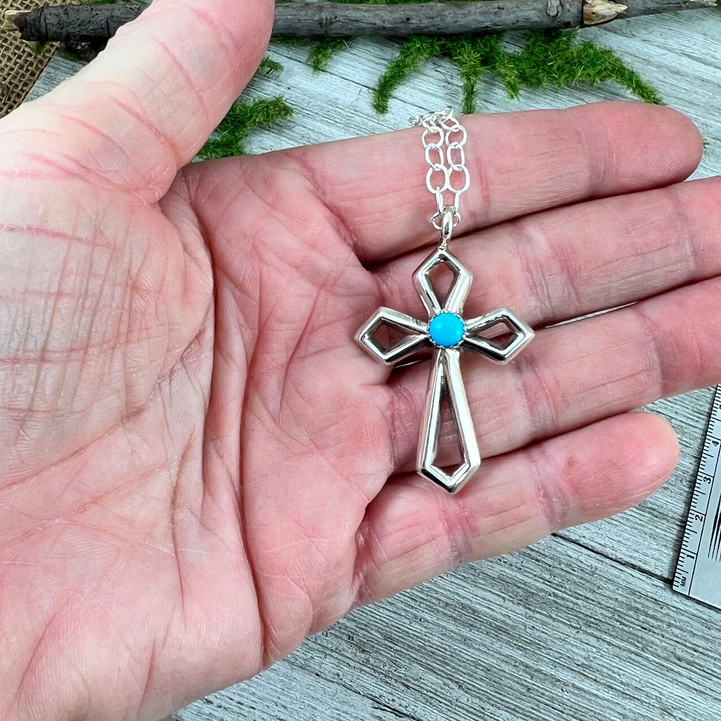 Turquoise 18" Cross Necklace, Sterling silver, Navajo handmade by Vanessa Kee, Signed, Pendant