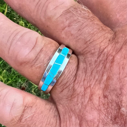 Narrow Kingman turquoise inlay band, Navajo handmade Wilbert Muskett, jr, sterling silver signed